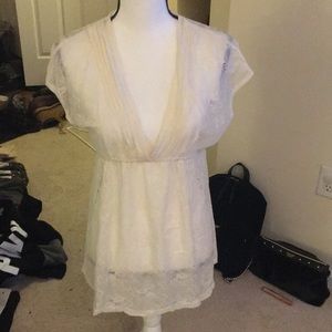 Sheer, V-neck, babydoll, off-white, lace top. L